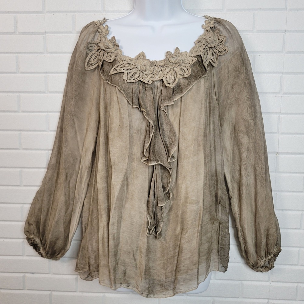Belle France Blouse M Taupe Silk Blend Ruffle Lace Boho Made in Italy